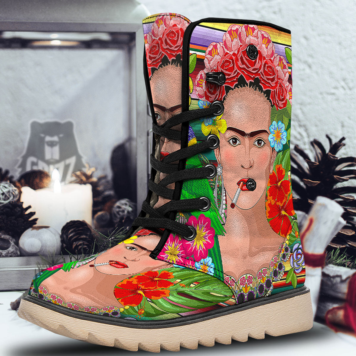Serape Frida Kahlo Print Snow Boots-grizzshop