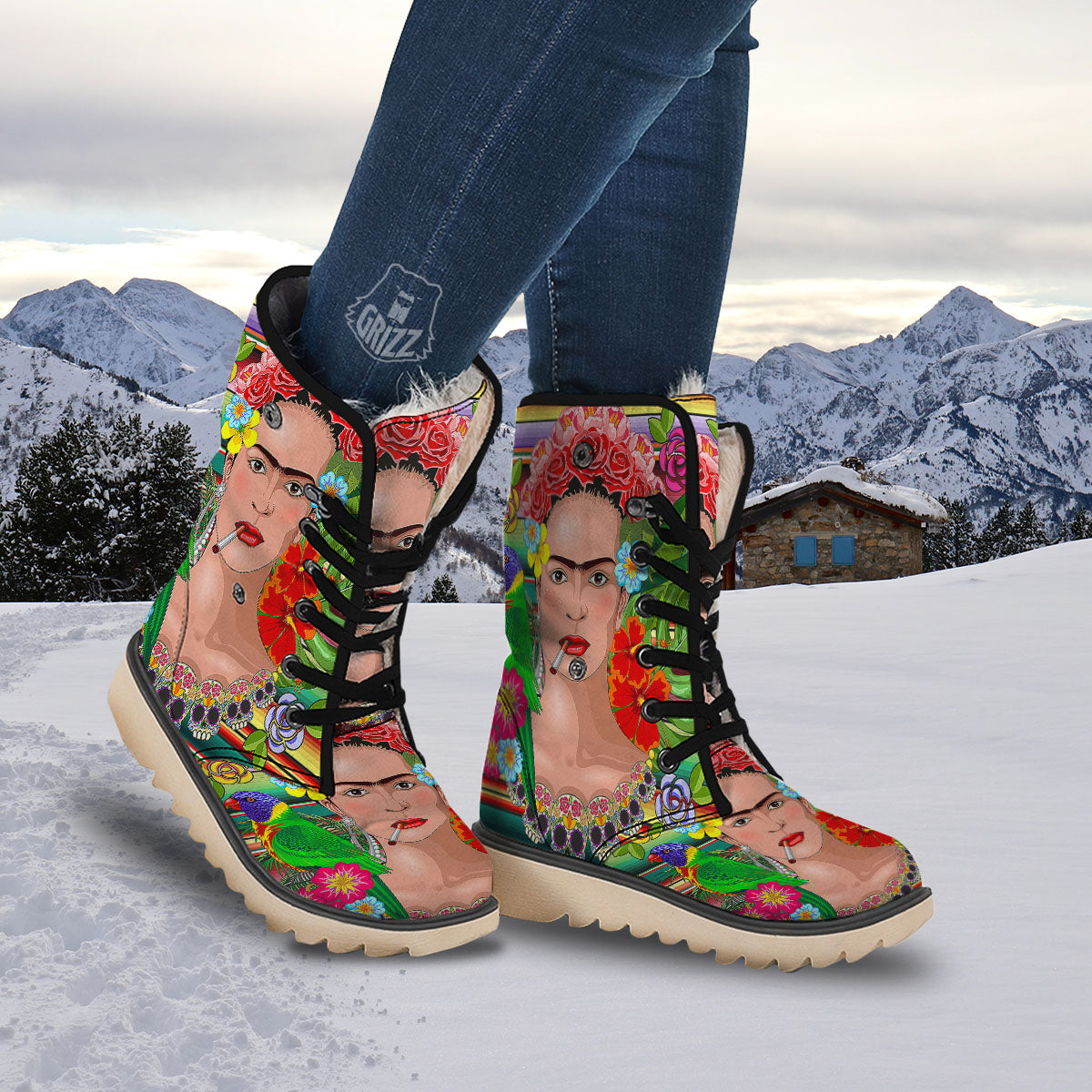Serape Frida Kahlo Print Snow Boots-grizzshop