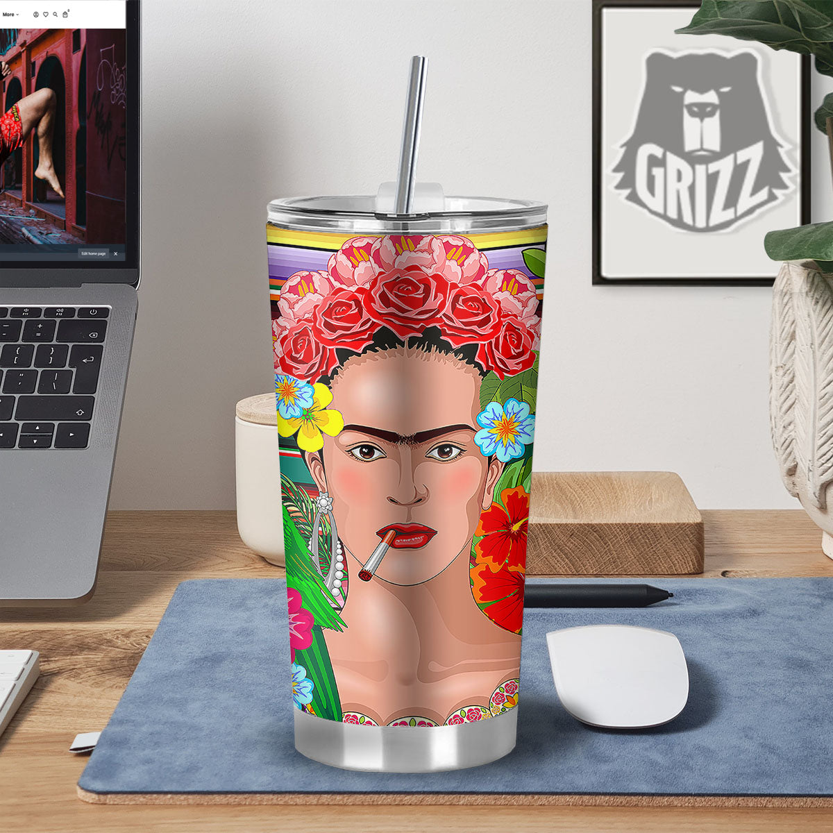 Serape Frida Kahlo Print Tumbler-grizzshop