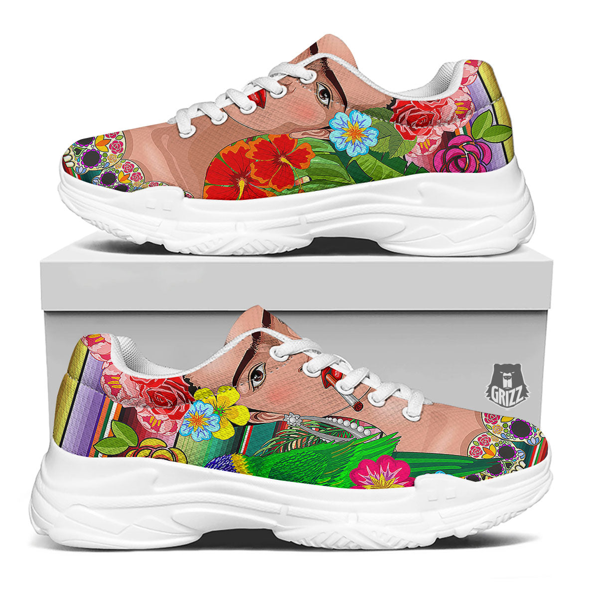Serape Frida Kahlo Print White Chunky Shoes-grizzshop