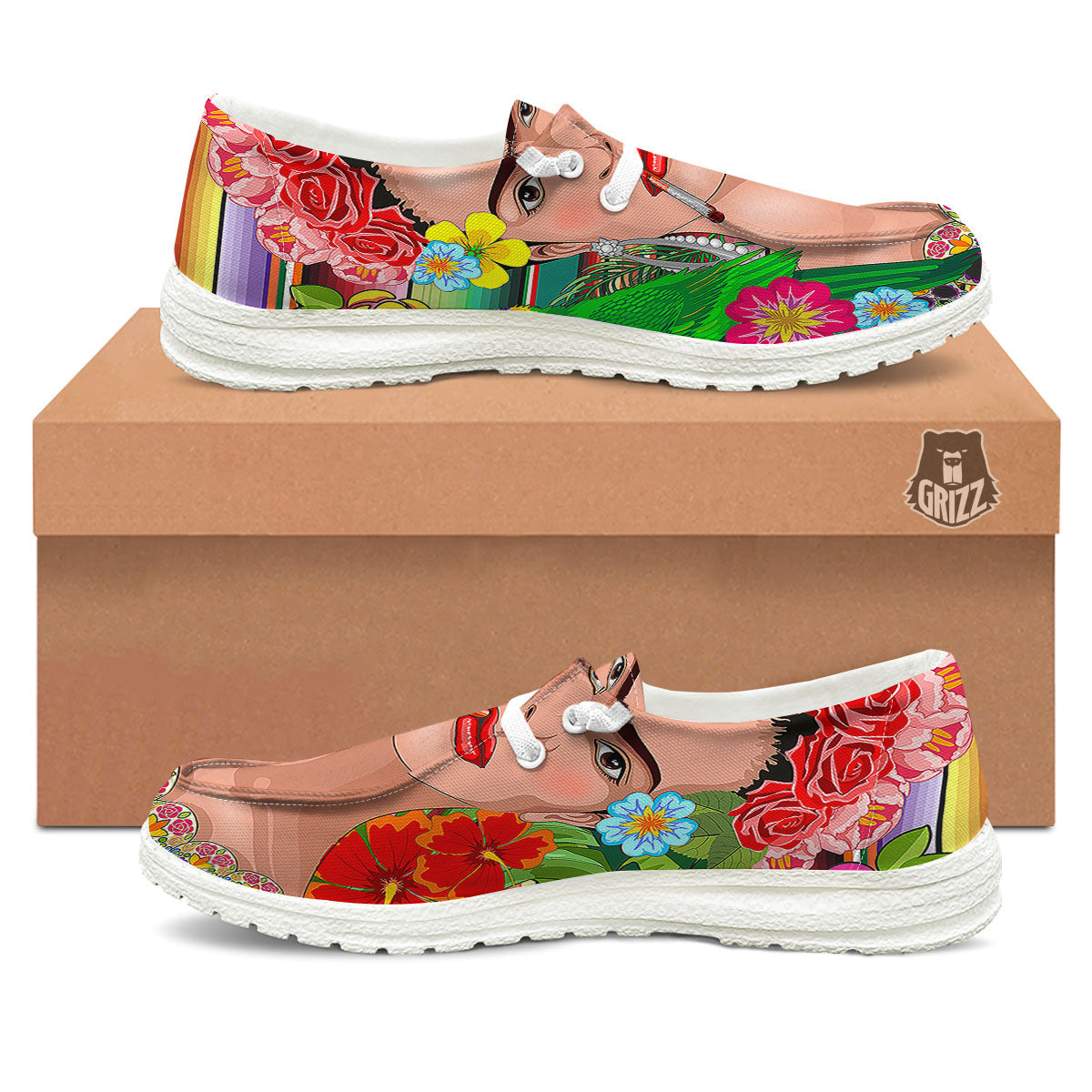 Serape Frida Kahlo Print White Loafers-grizzshop