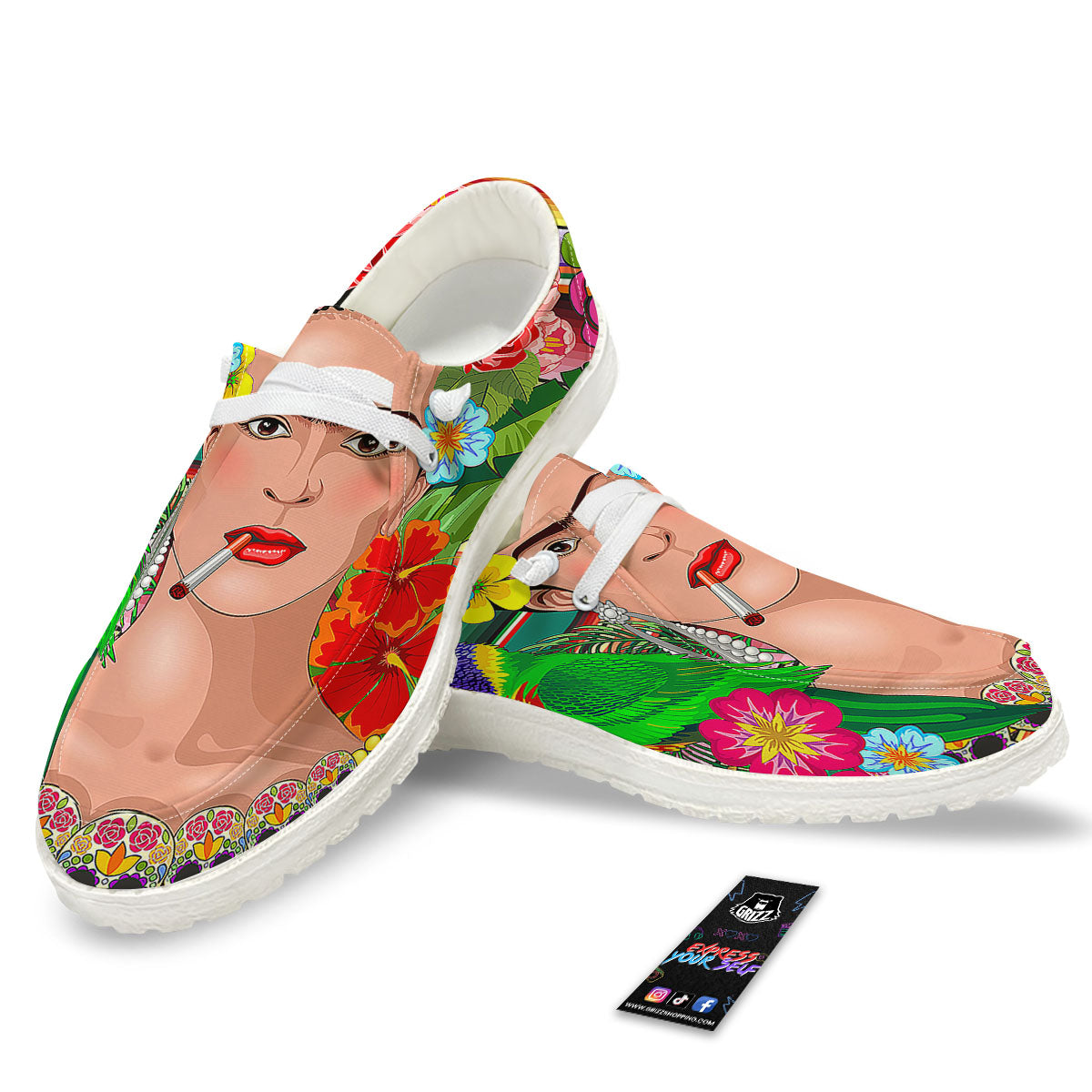 Serape Frida Kahlo Print White Loafers-grizzshop