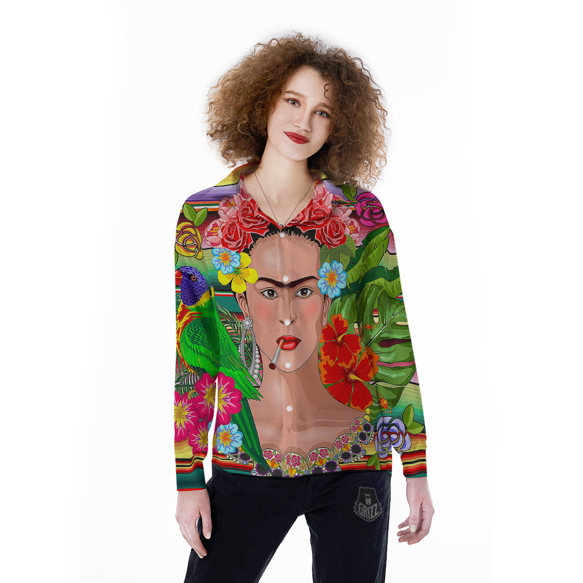Serape Frida Kahlo Print Women's Long Sleeve Shirts-grizzshop
