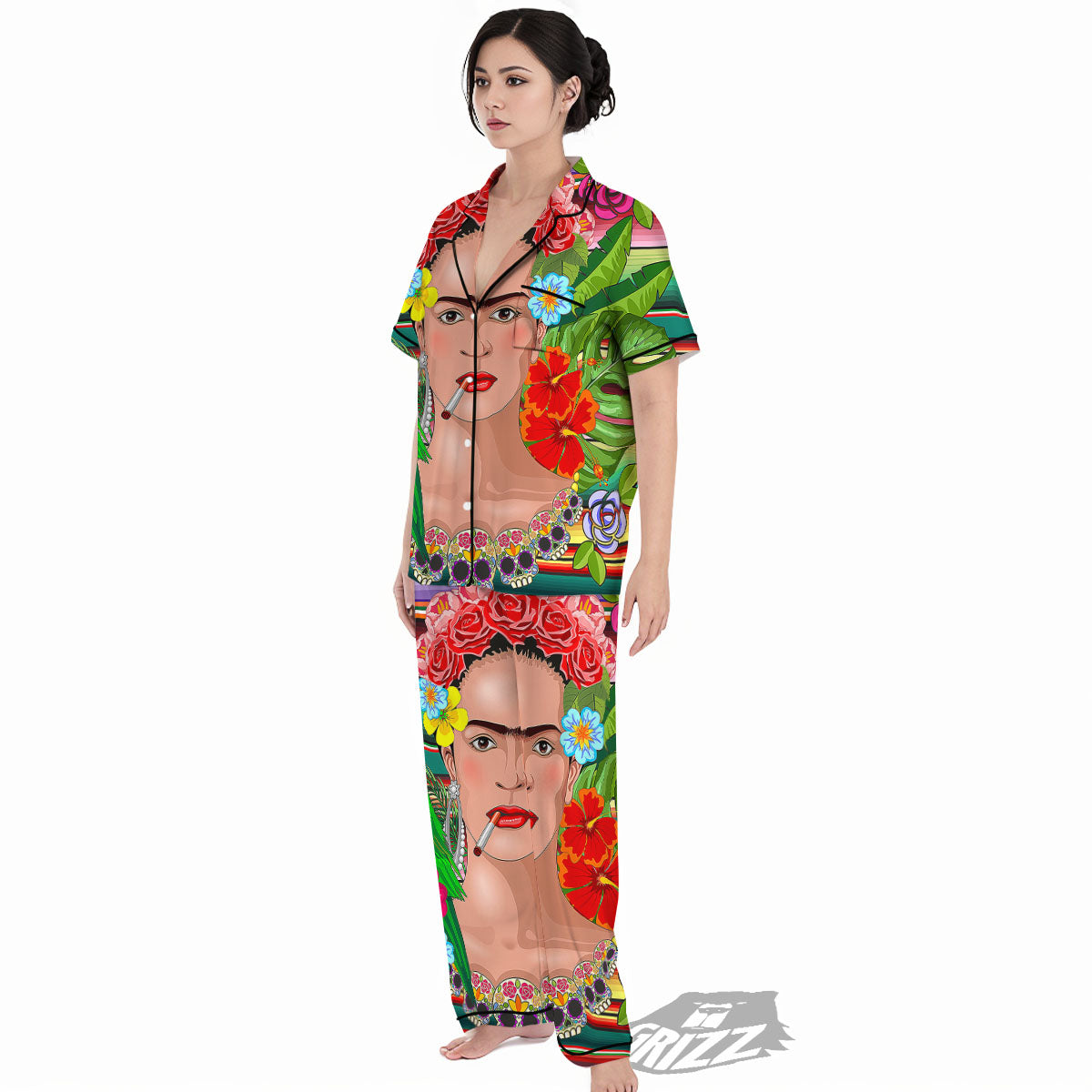 Serape Frida Kahlo Print Women's Pajamas Set-grizzshop