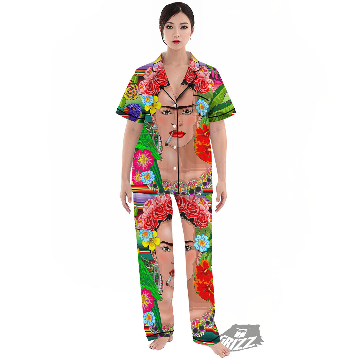 Serape Frida Kahlo Print Women's Pajamas Set-grizzshop