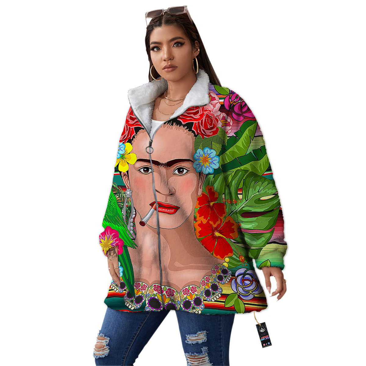 Serape Frida Kahlo Print Women's Sherpa Jacket-grizzshop