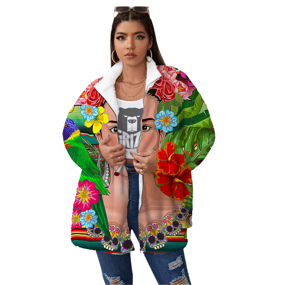 Serape Frida Kahlo Print Women's Sherpa Jacket-grizzshop