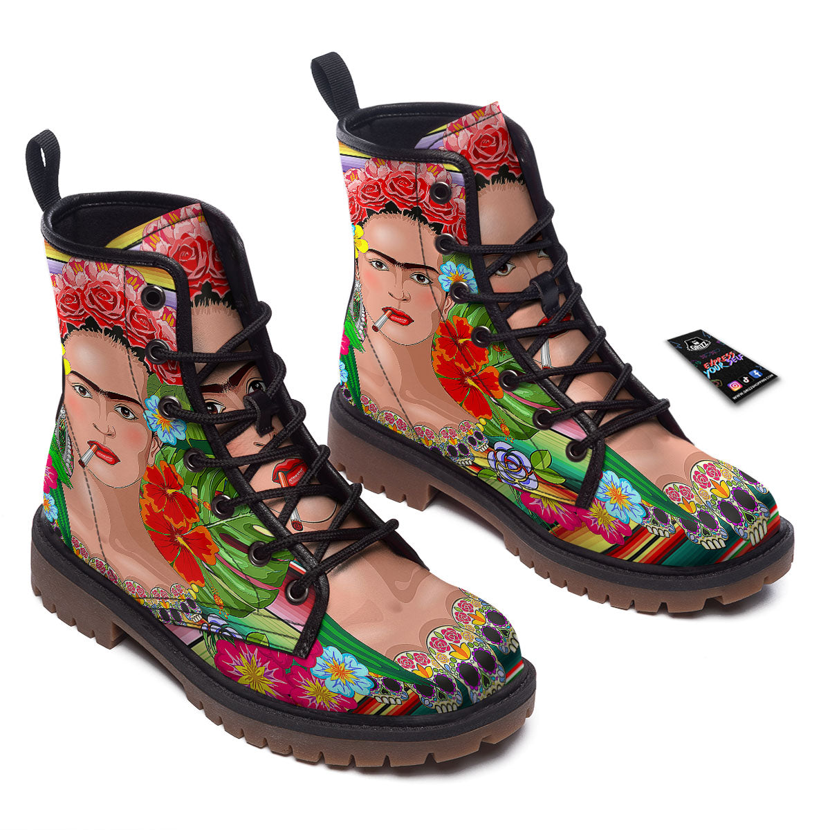Serape Frida Kahlo Print Work Boots-grizzshop