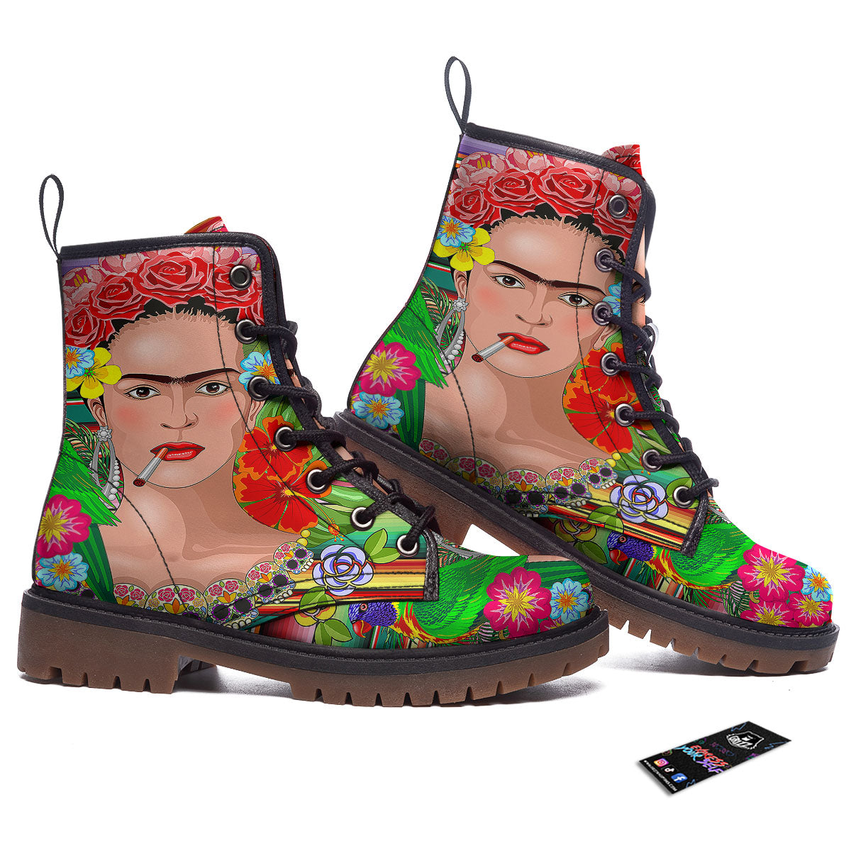 Serape Frida Kahlo Print Work Boots-grizzshop