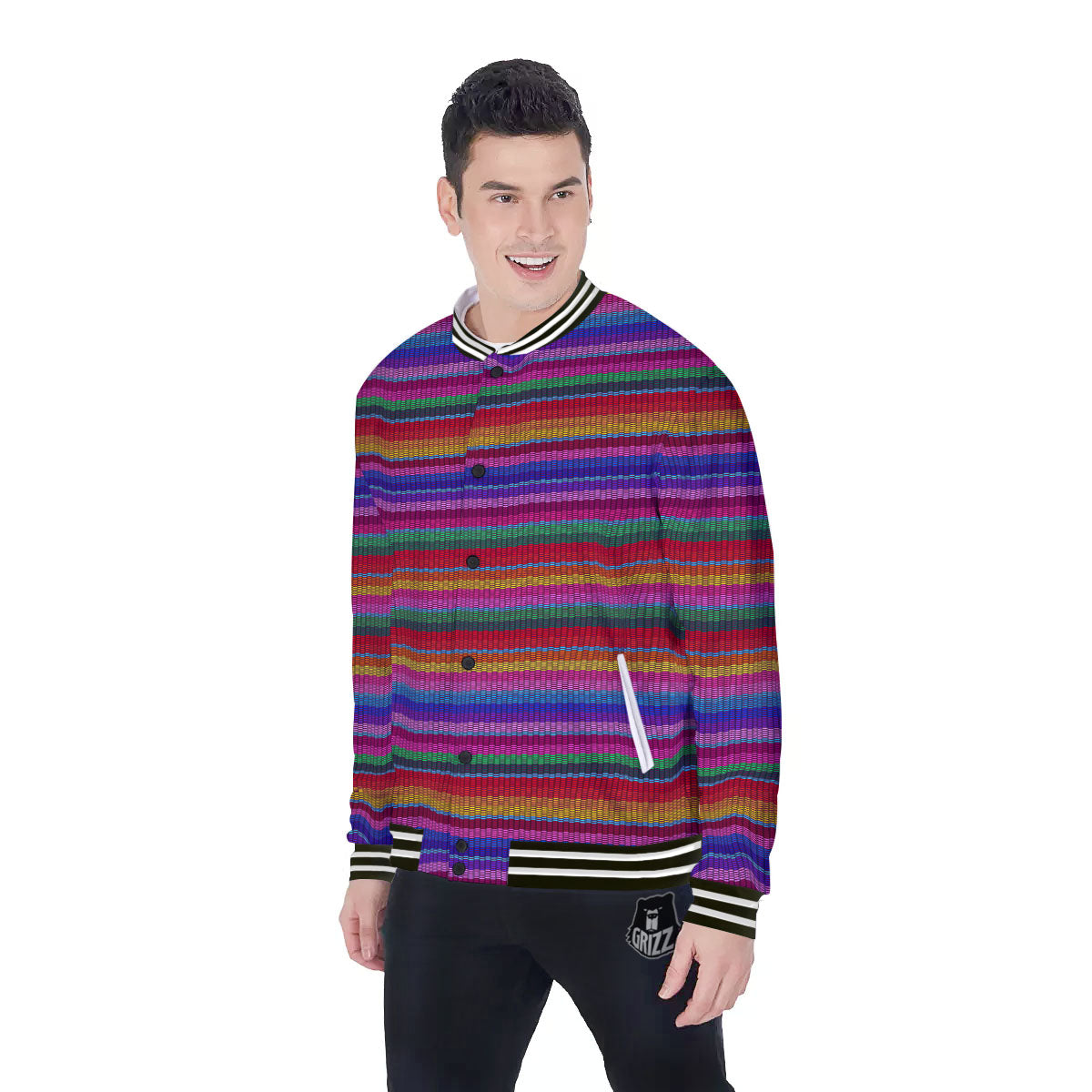 Serape Mexican Colorful Print Pattern Baseball Jacket-grizzshop
