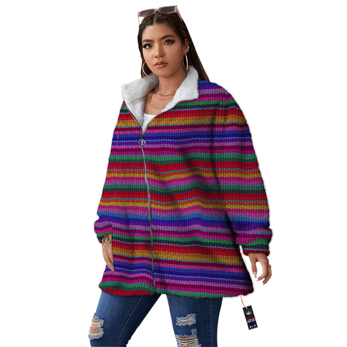 Serape Mexican Colorful Print Pattern Women's Sherpa Jacket-grizzshop