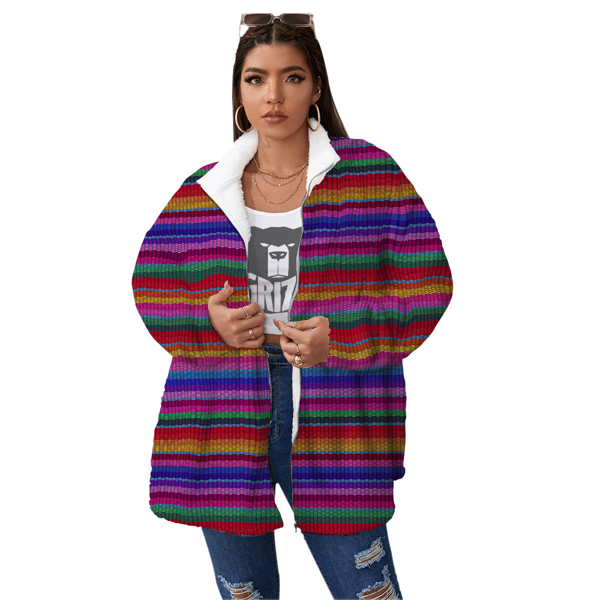 Serape Mexican Colorful Print Pattern Women's Sherpa Jacket-grizzshop