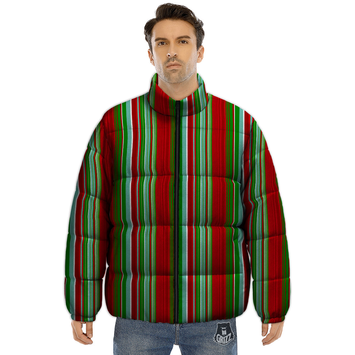 Serape Mexican Vintage Print Pattern Puffer Jacket-grizzshop