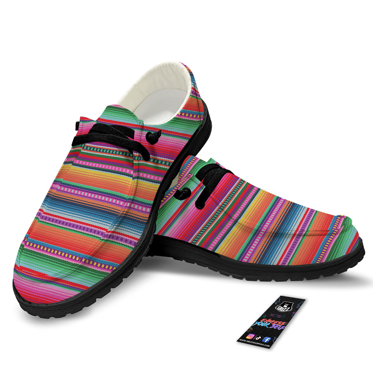 Serape Stripe Colorful Mexican Print Black Loafers-grizzshop