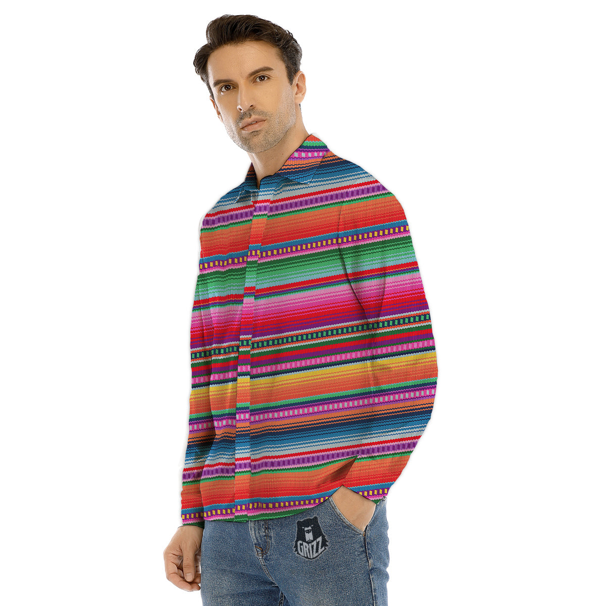 Serape Stripe Colorful Mexican Print Men's Dress Shirts-grizzshop