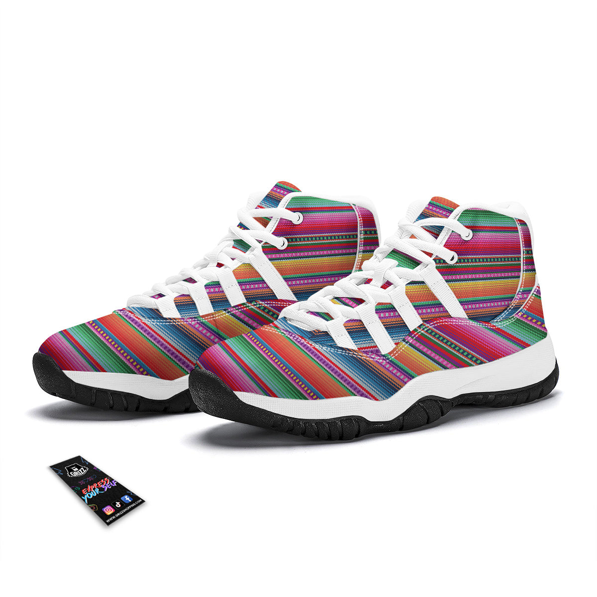 Serape Stripe Colorful Mexican Print White Bball Shoes-grizzshop