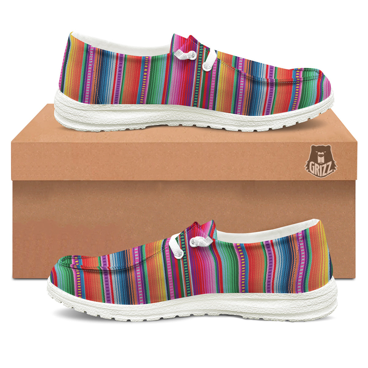 Serape Stripe Colorful Mexican Print White Loafers-grizzshop