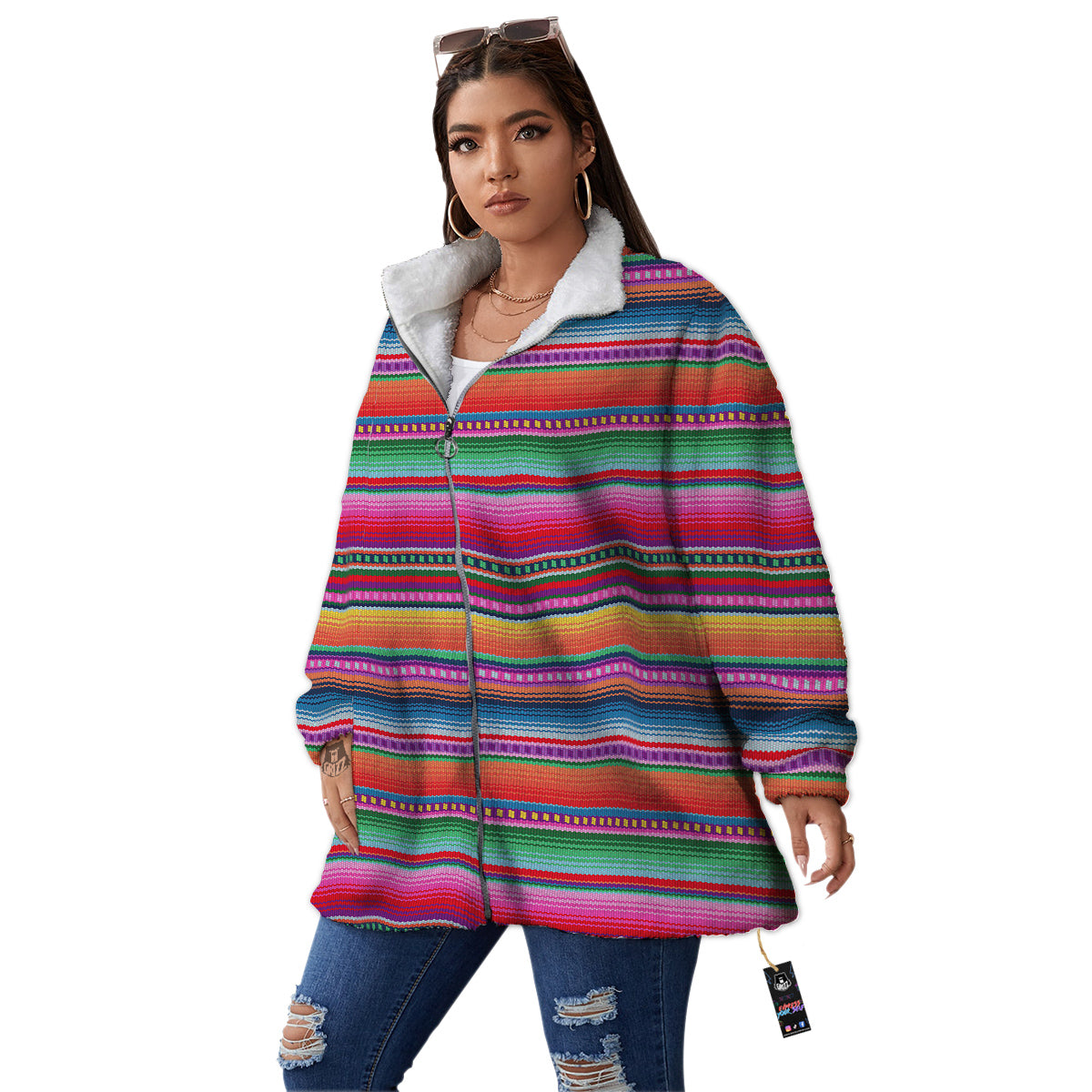 Serape Stripe Colorful Mexican Print Women's Sherpa Jacket-grizzshop