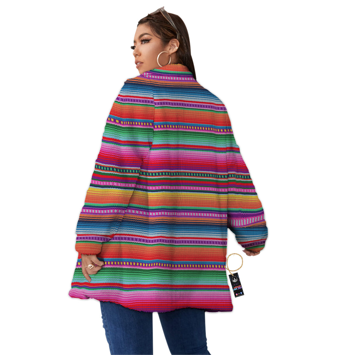 Serape Stripe Colorful Mexican Print Women's Sherpa Jacket-grizzshop