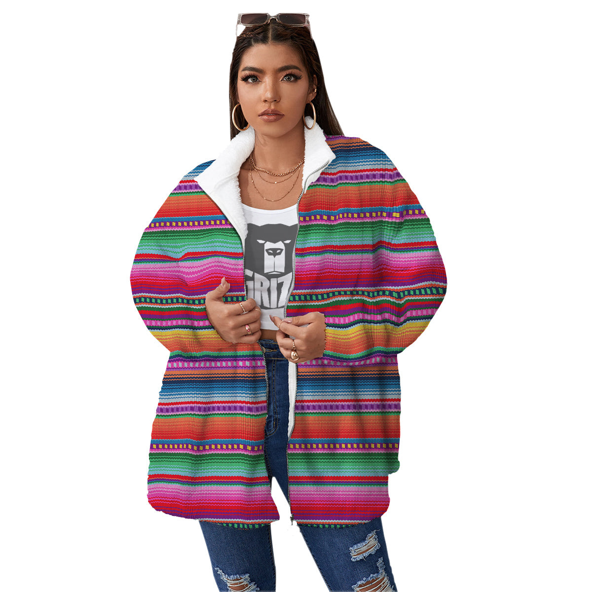 Serape Stripe Colorful Mexican Print Women's Sherpa Jacket-grizzshop