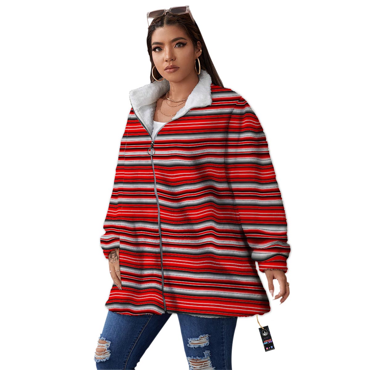 Serape Tribal Mexican Print Pattern Women's Sherpa Jacket-grizzshop