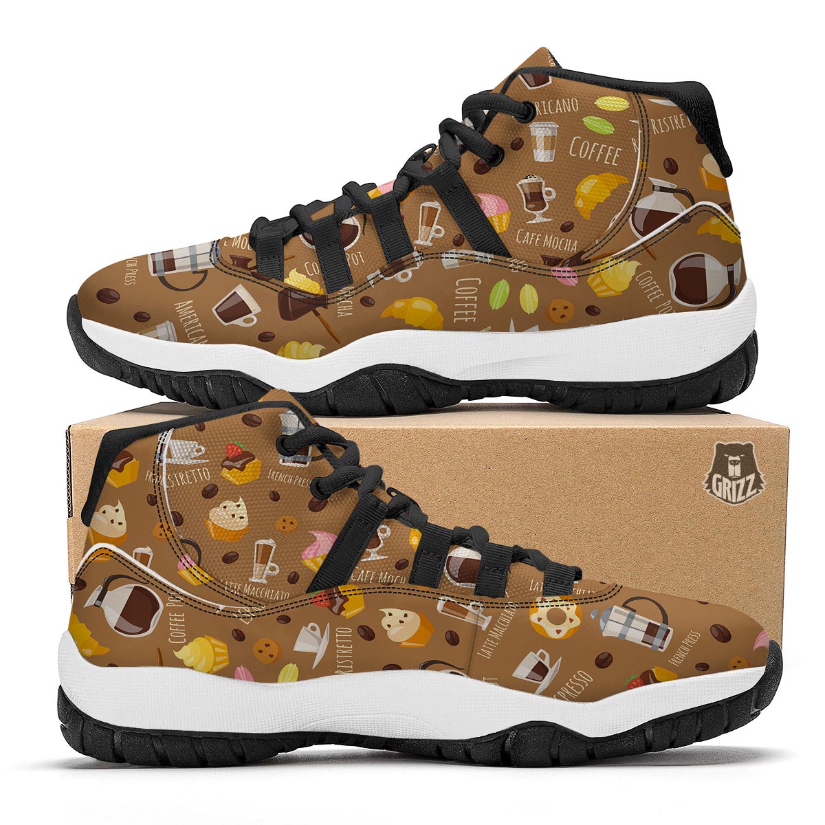 Set Coffee Pattern Print Black Bball Shoes-grizzshop