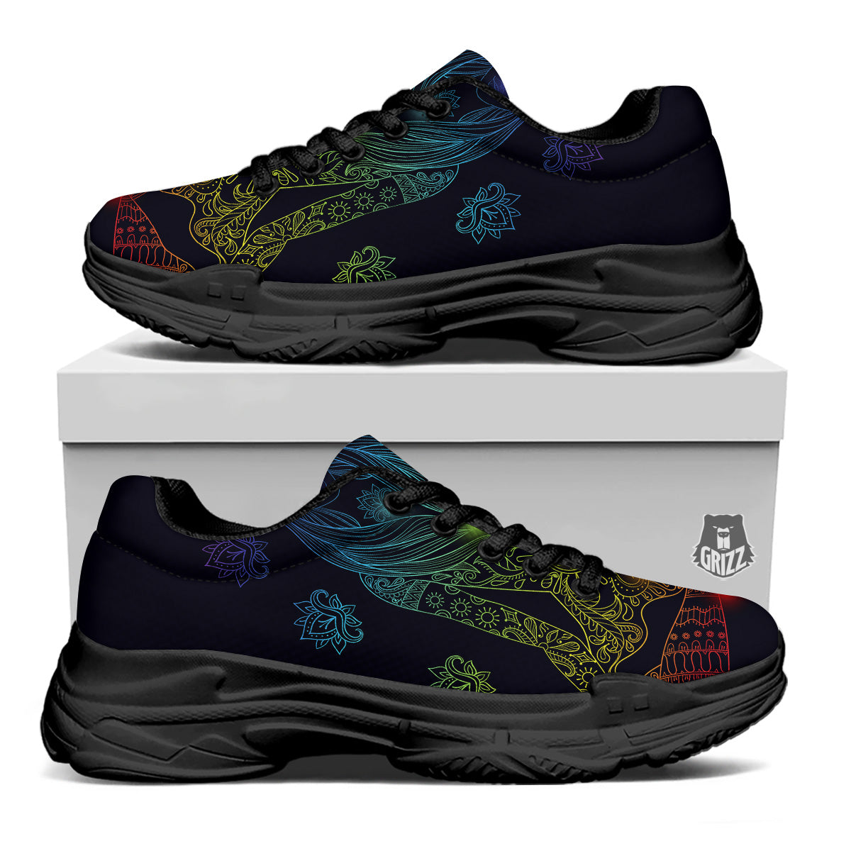 Seven Chakras Bohemian Print Black Chunky Shoes-grizzshop