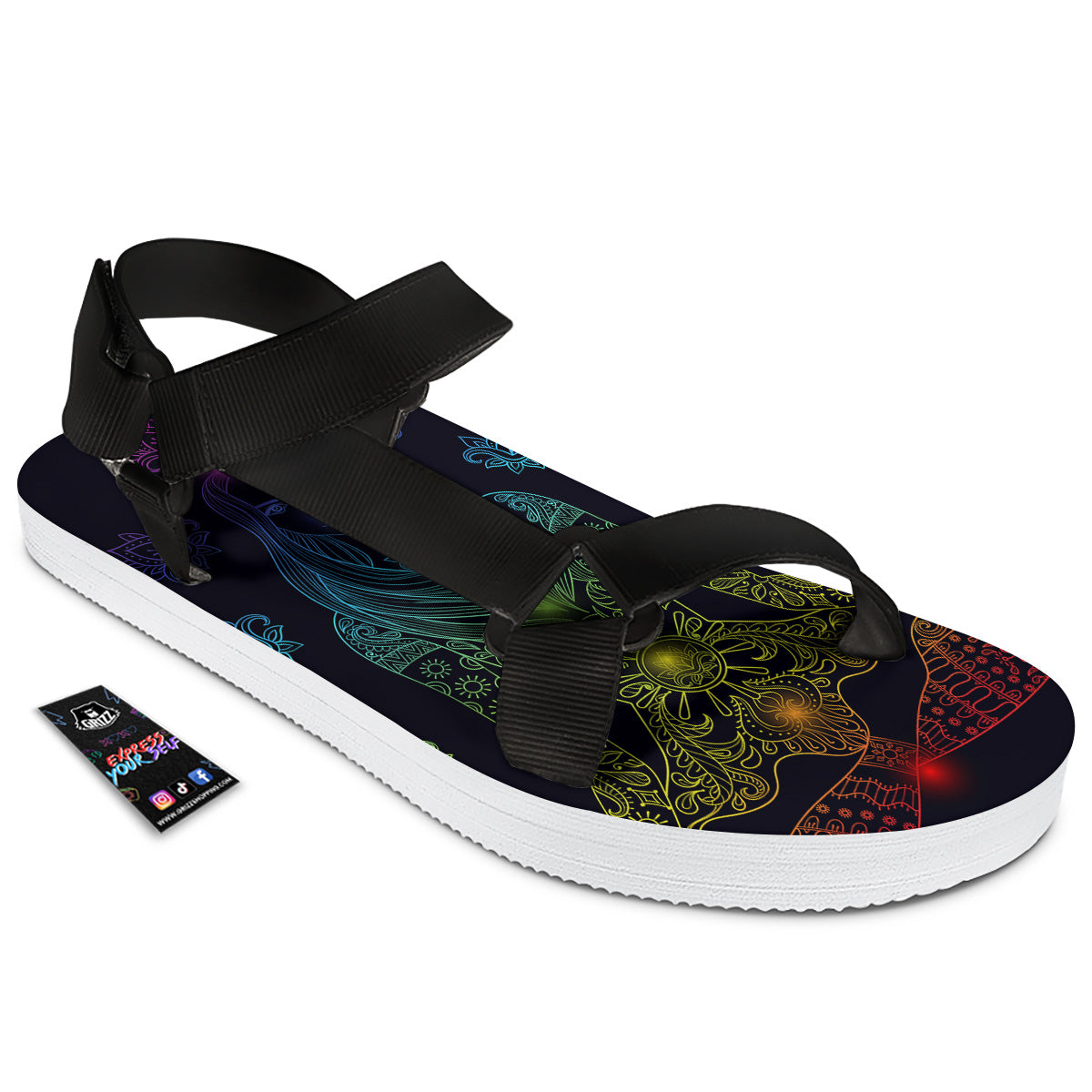 Seven Chakras Bohemian Print Black Open Toe Sandals-grizzshop