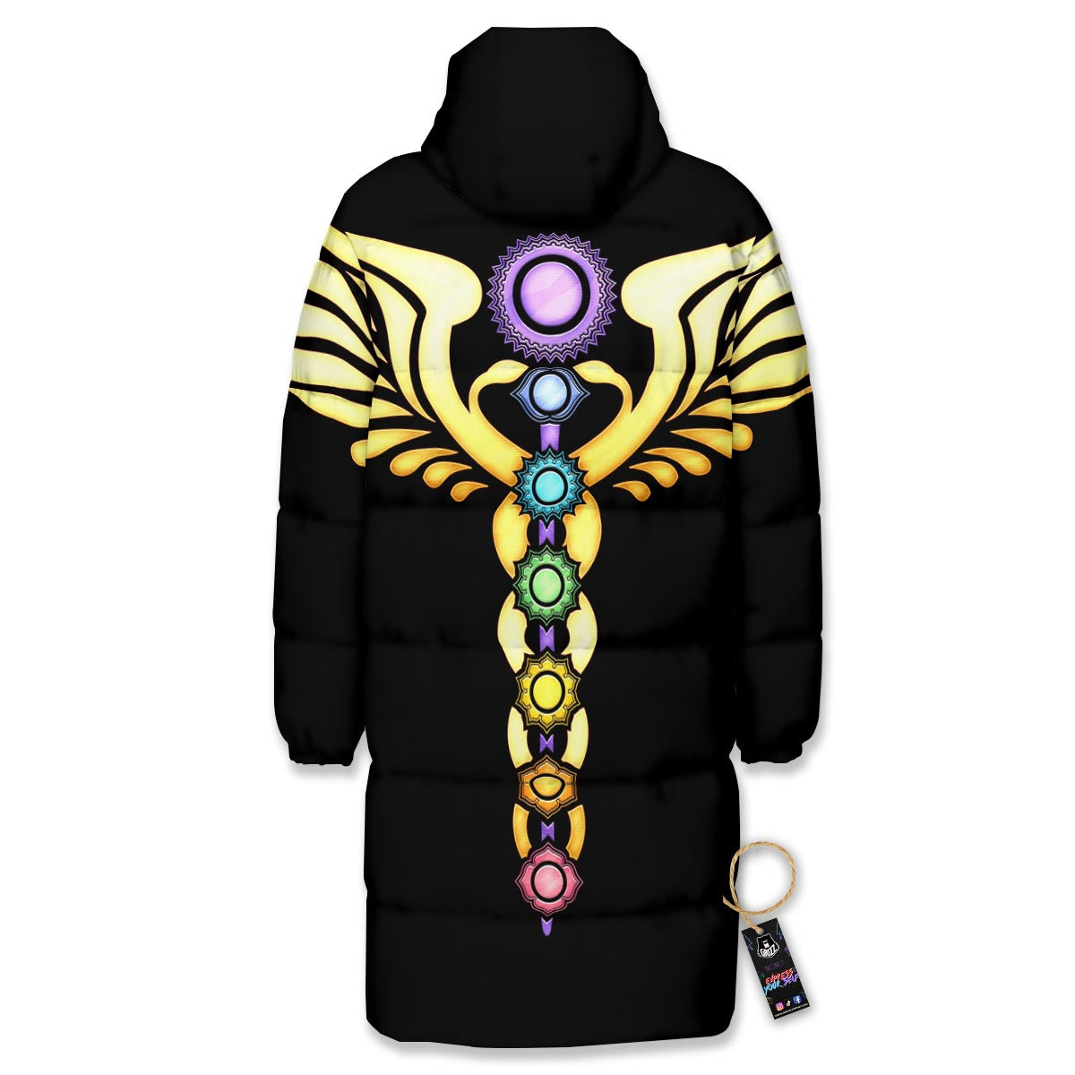 Seven Chakras Caduceus Print Long Down Jacket-grizzshop