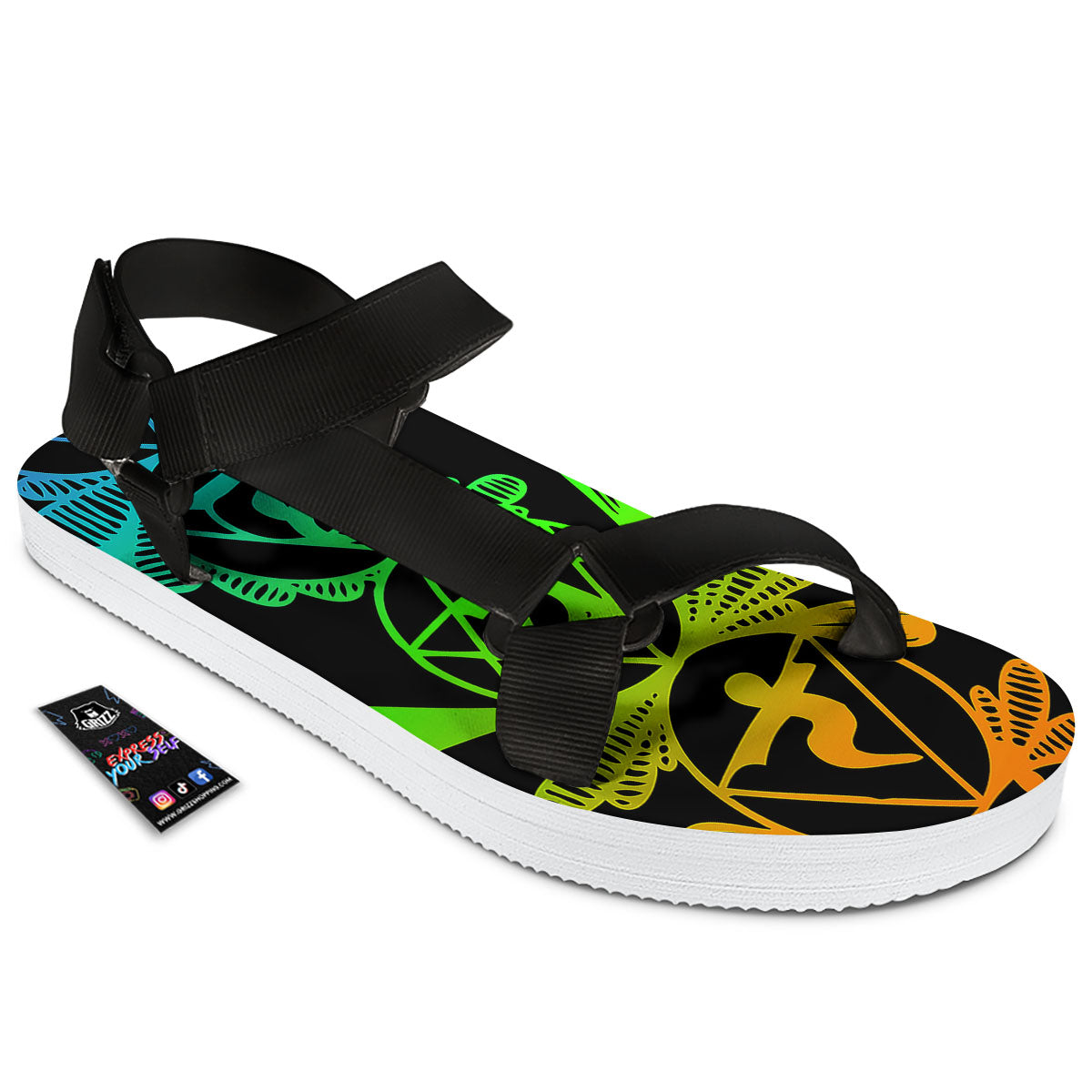 Seven Chakras Spiritual Print Black Open Toe Sandals-grizzshop