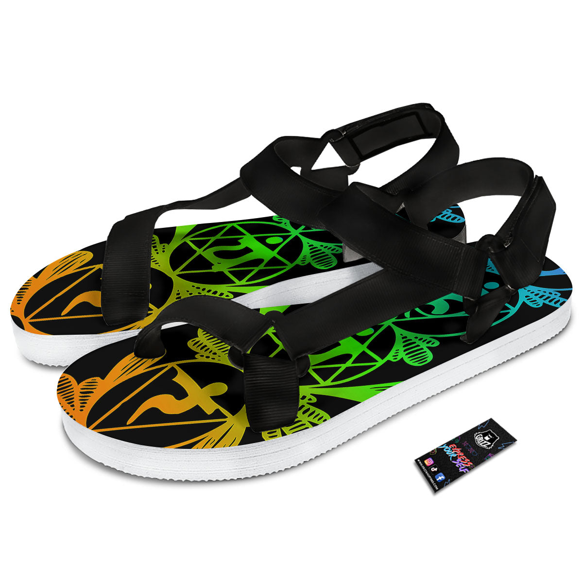 Seven Chakras Spiritual Print Black Open Toe Sandals-grizzshop