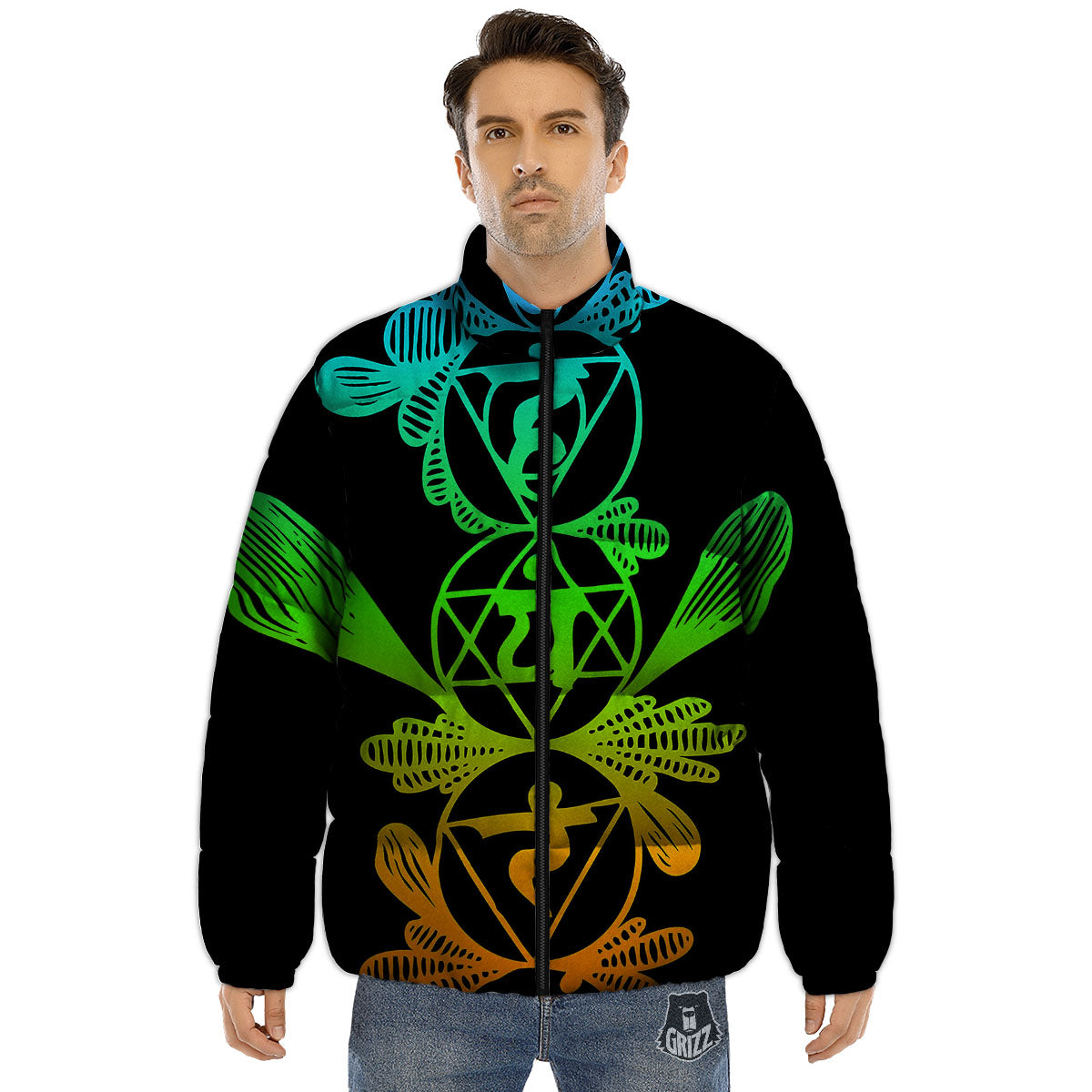 Seven Chakras Spiritual Print Puffer Jacket-grizzshop