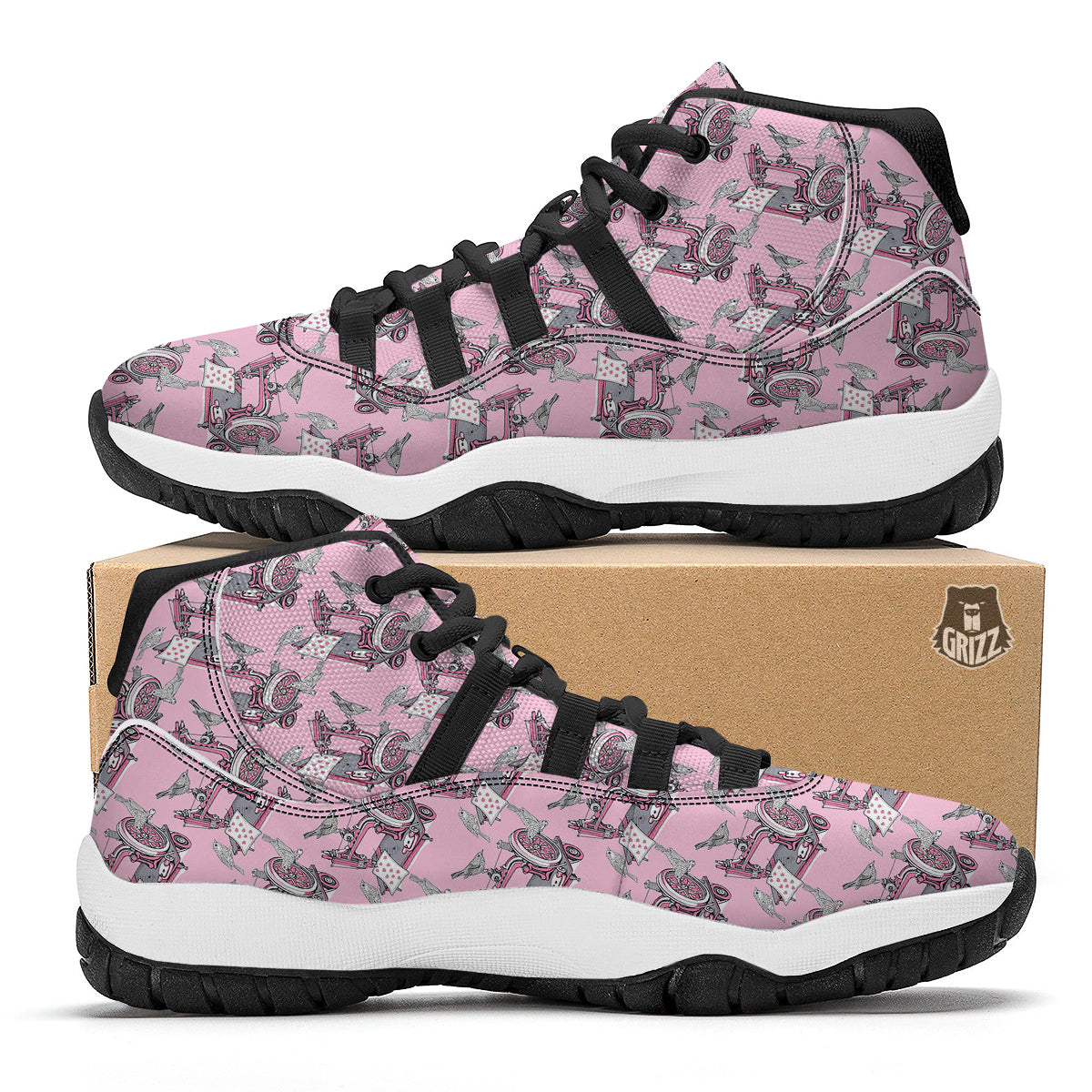 Sewing Machine Pattern Print Black Bball Shoes-grizzshop