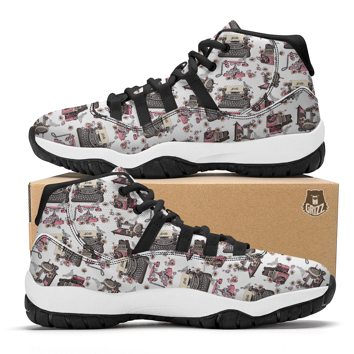 Sewing Machine Print Pattern Black Bball Shoes-grizzshop