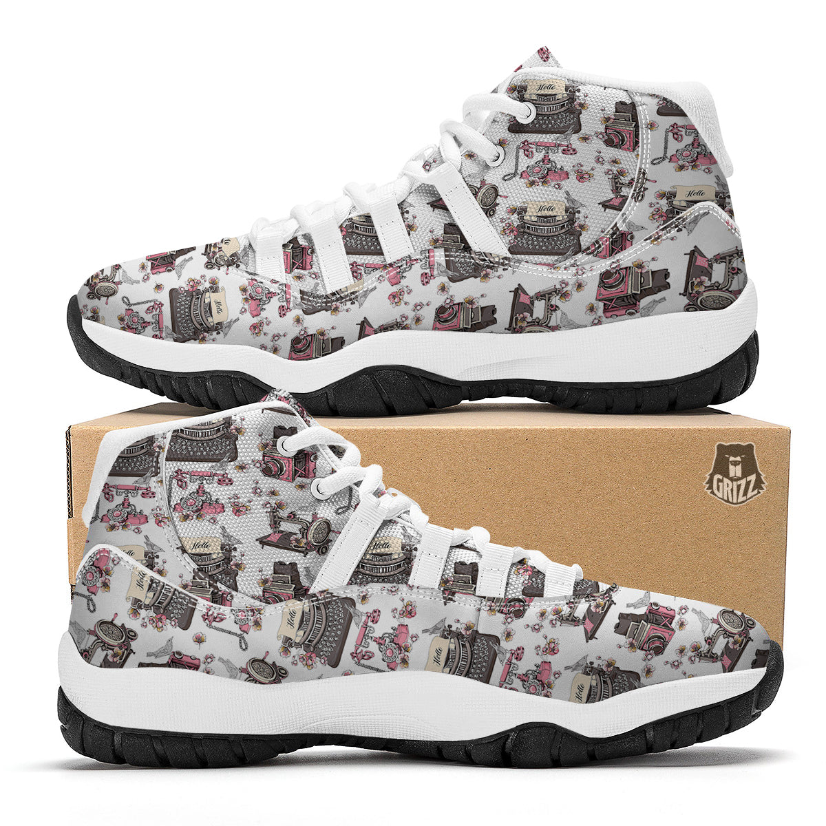 Sewing Machine Print Pattern White Bball Shoes-grizzshop