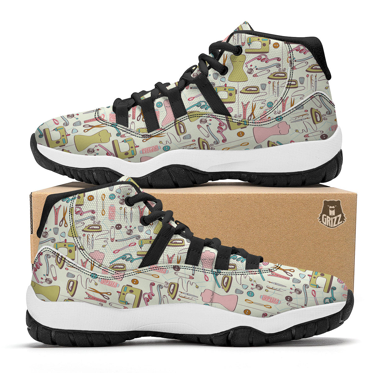 Sewing Print Pattern Black Bball Shoes-grizzshop