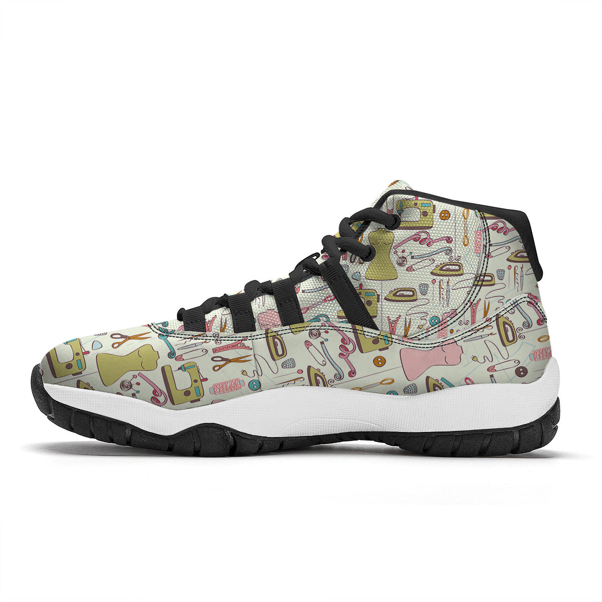 Sewing Print Pattern Black Bball Shoes-grizzshop