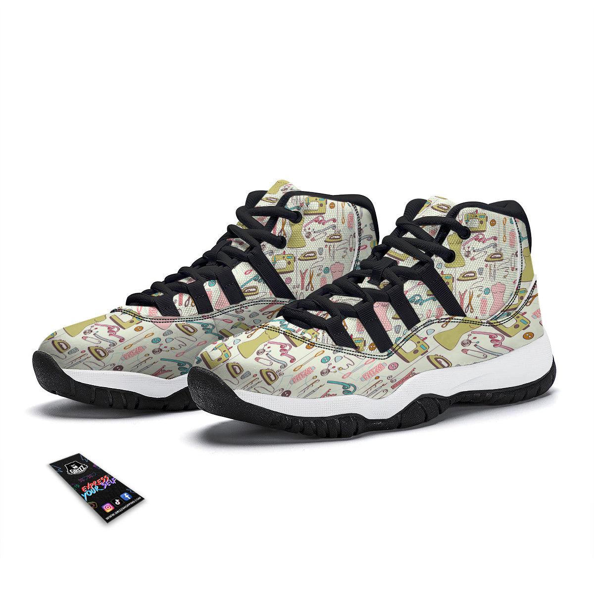 Sewing Print Pattern Black Bball Shoes-grizzshop