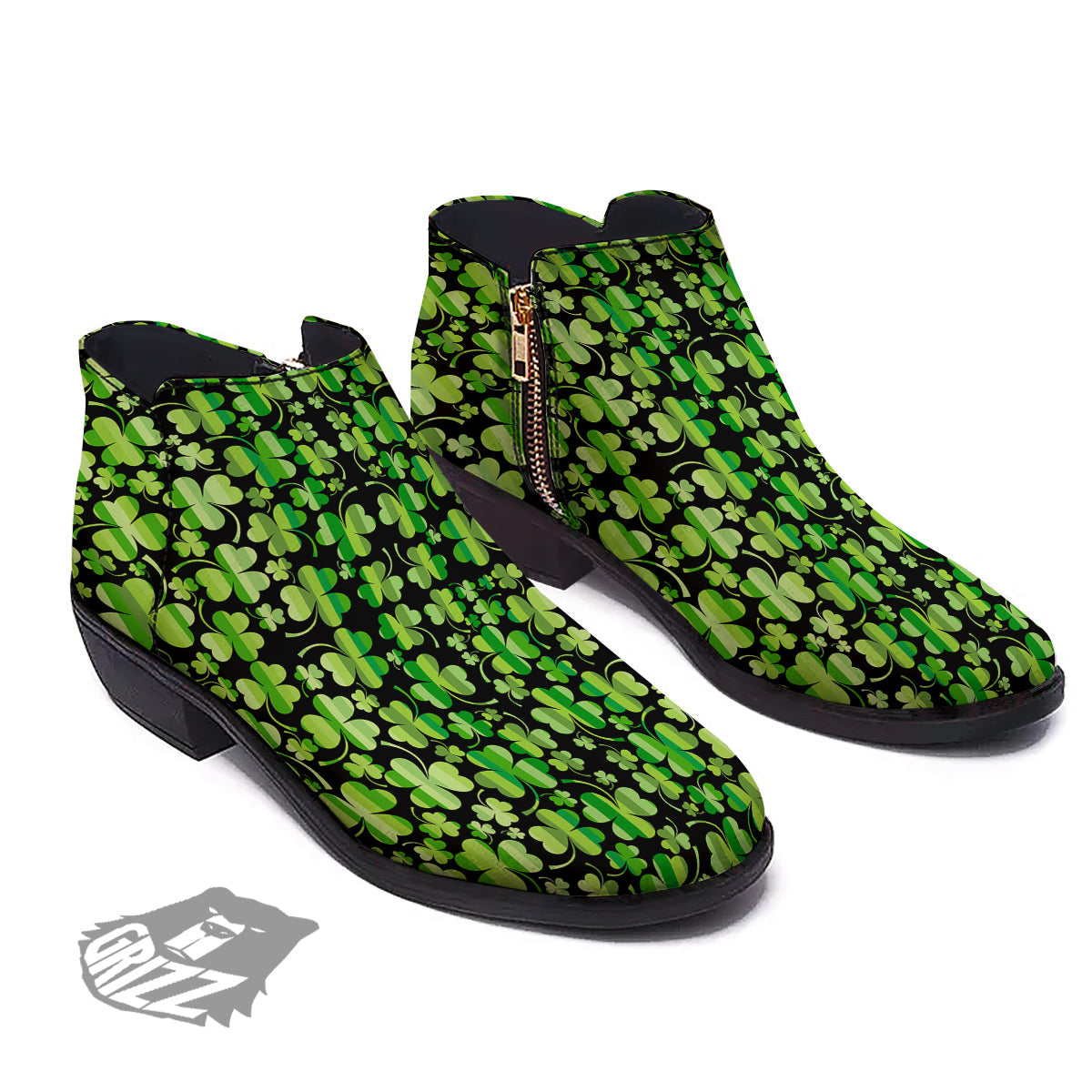 Shamrock Green And Black Print Pattern Ankle Boots-grizzshop