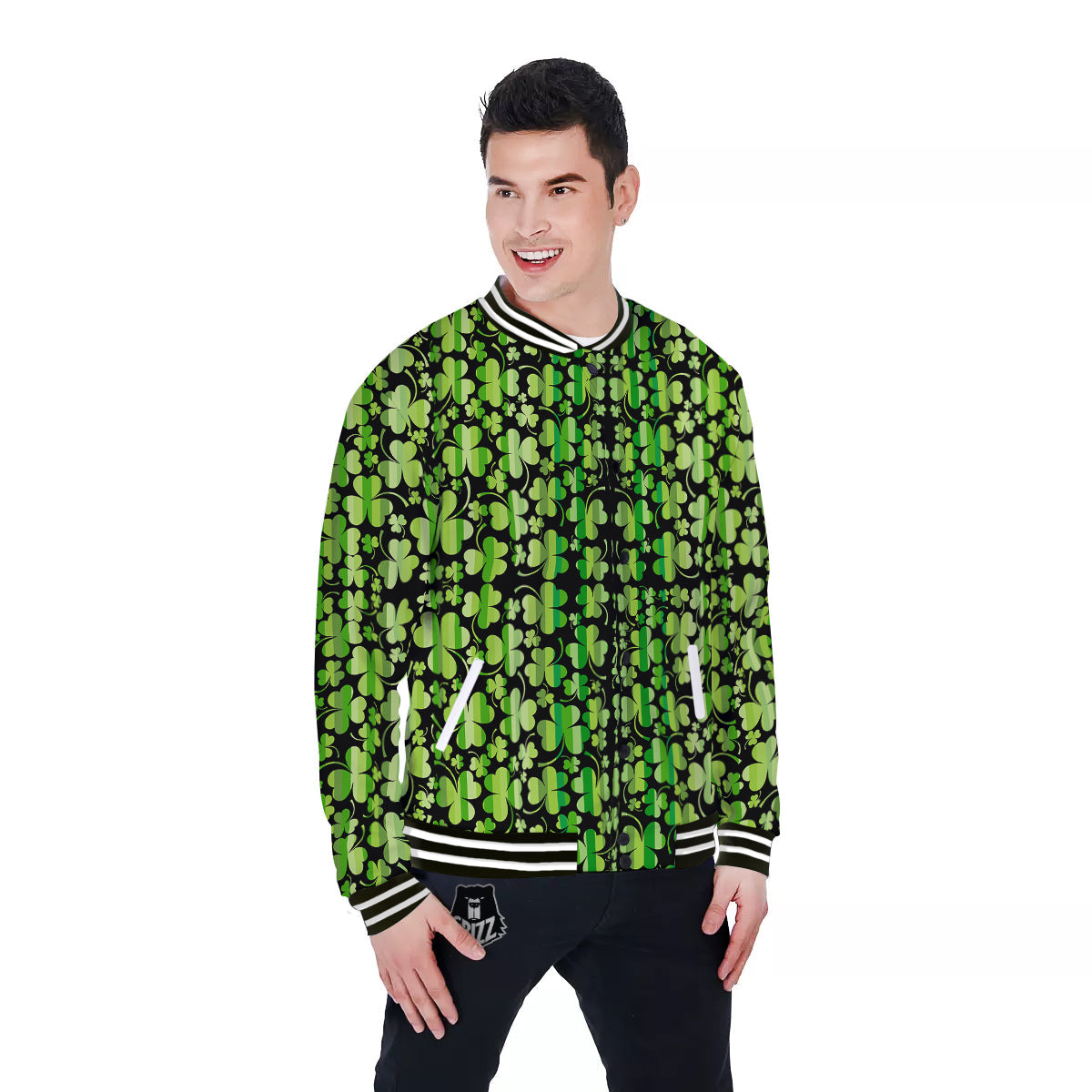 Shamrock Green And Black Print Pattern Baseball Jacket-grizzshop