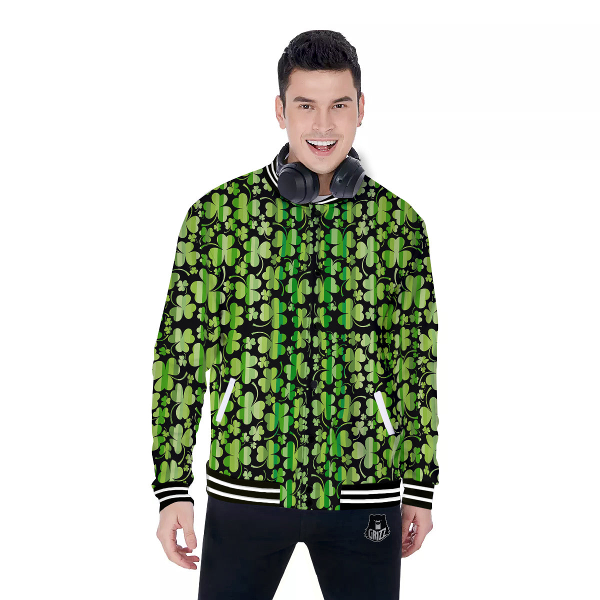 Shamrock Green And Black Print Pattern Baseball Jacket-grizzshop