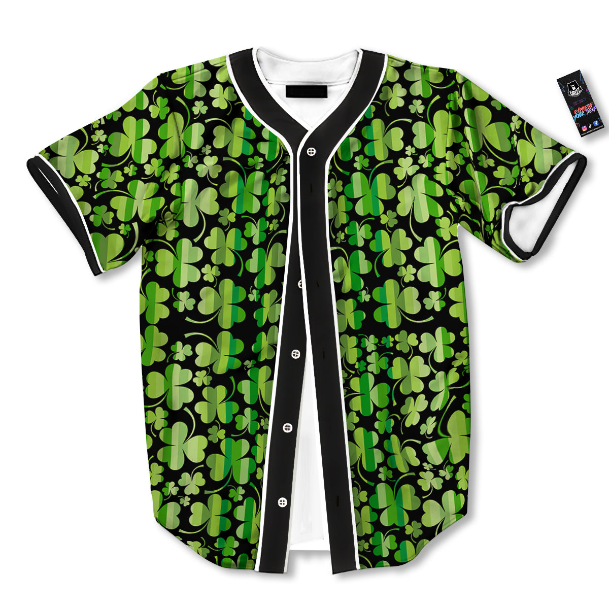 Shamrock Green And Black Print Pattern Baseball Jersey-grizzshop
