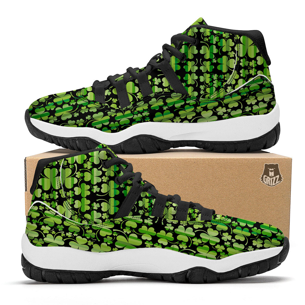 Shamrock Green And Black Print Pattern Black Bball Shoes-grizzshop