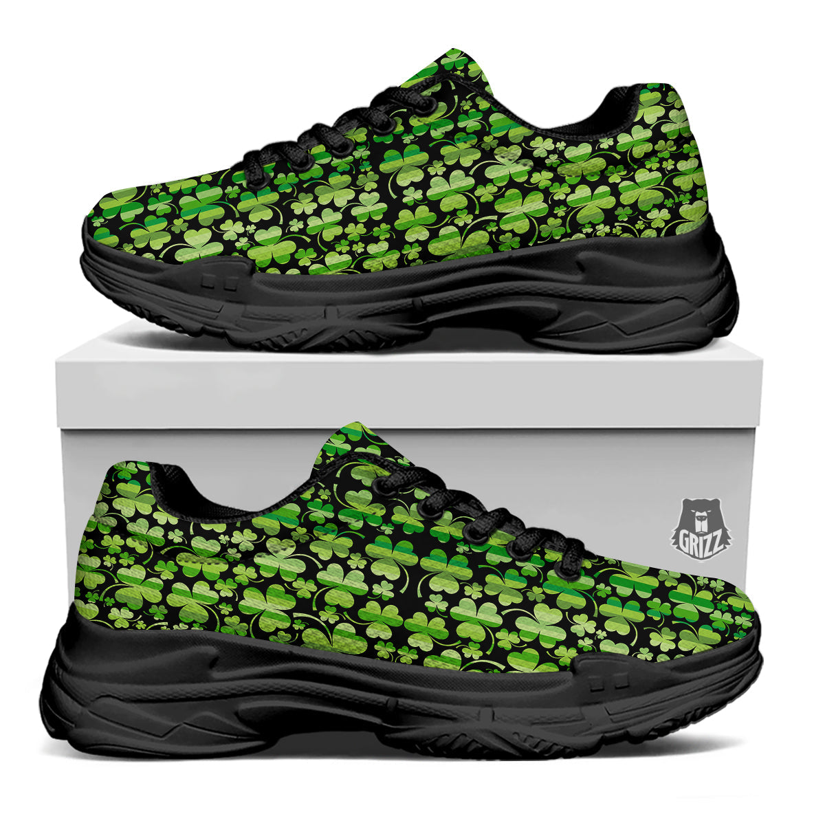 Shamrock Green And Black Print Pattern Black Chunky Shoes-grizzshop