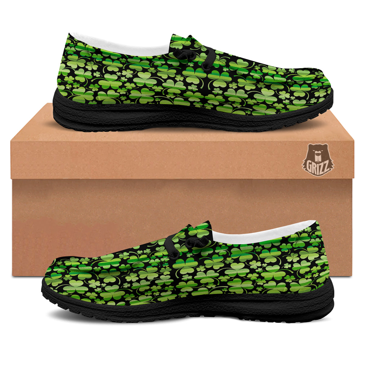 Shamrock Green And Black Print Pattern Black Loafers-grizzshop