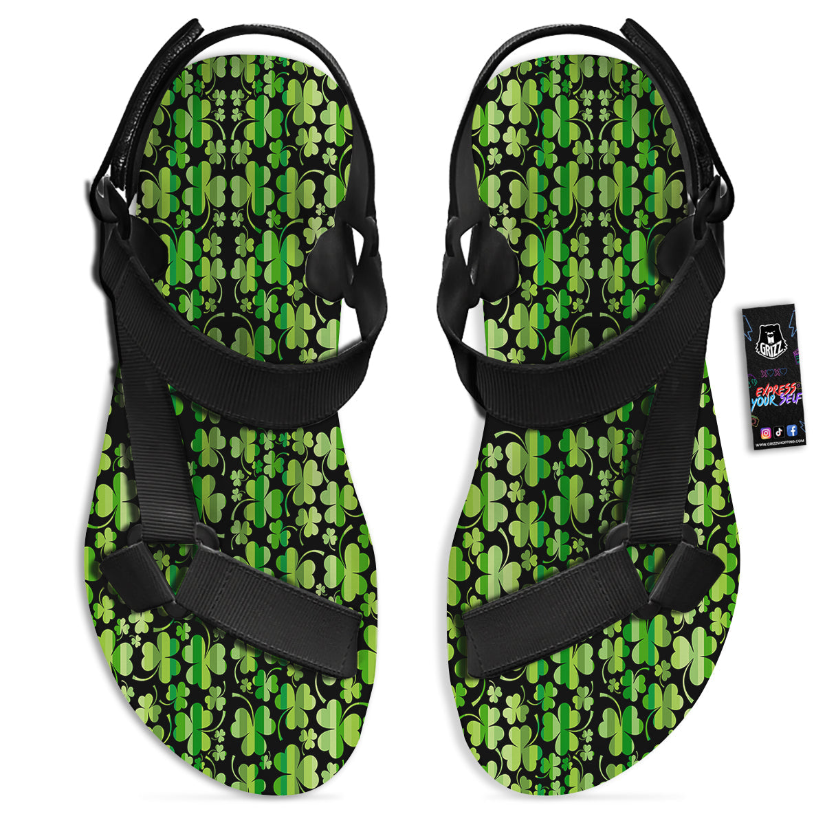 Shamrock Green And Black Print Pattern Black Open Toe Sandals-grizzshop