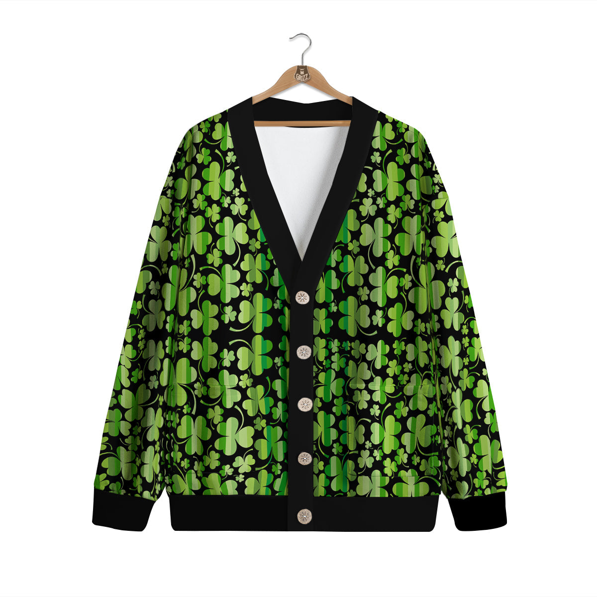 Shamrock Green And Black Print Pattern Cardigan-grizzshop