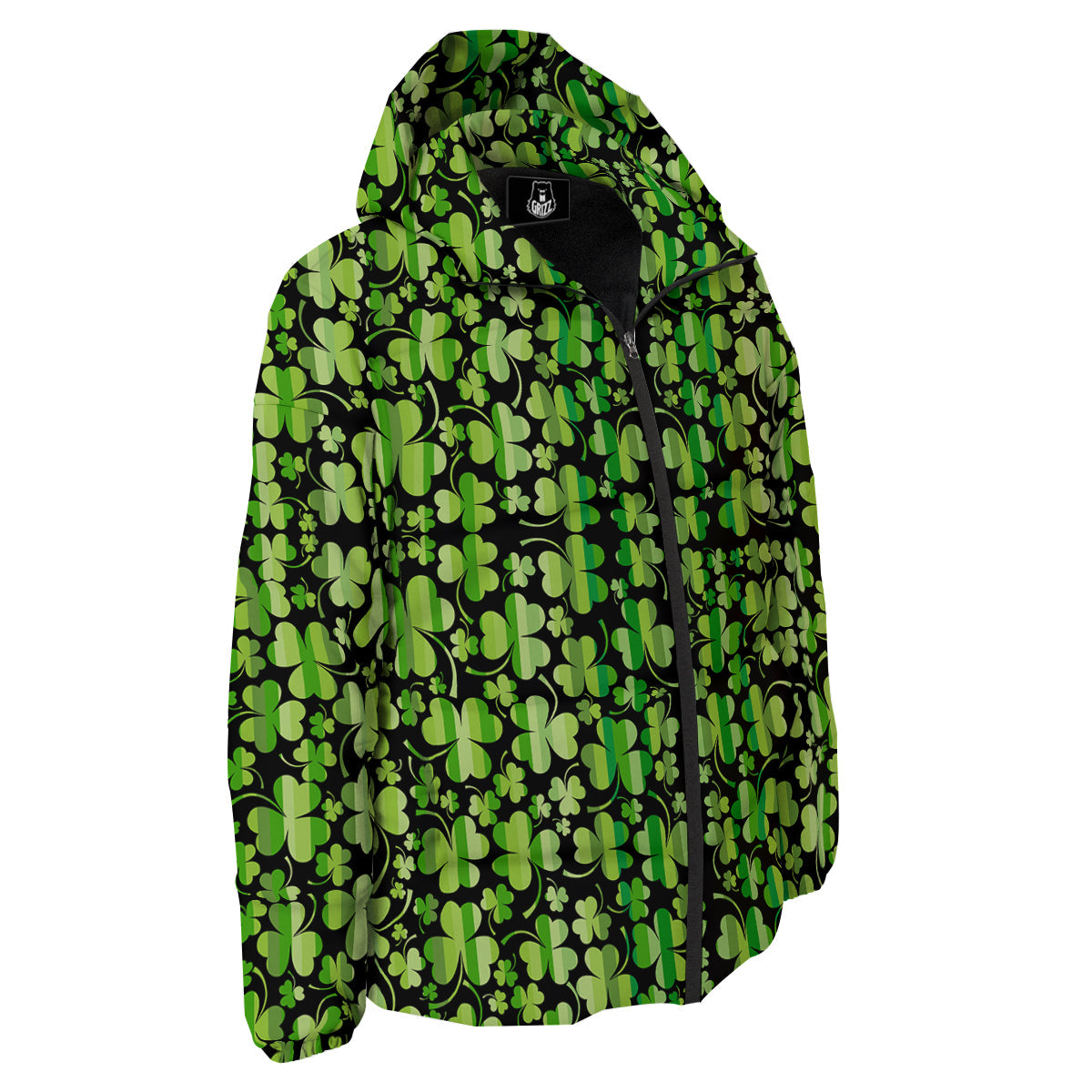 Shamrock Green And Black Print Pattern Down Jacket-grizzshop