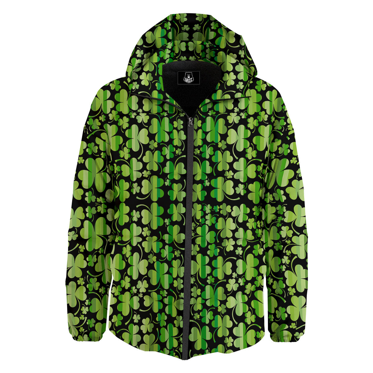 Shamrock Green And Black Print Pattern Down Jacket-grizzshop