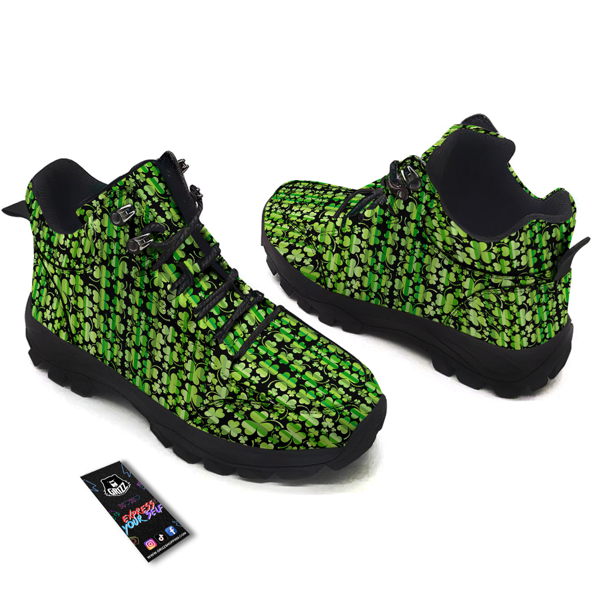 Shamrock Green And Black Print Pattern Hiking Shoes-grizzshop